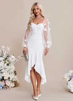 Embroidered Sweetheart Long Sleeve Trumpet/Mermaid Stretch Crepe Asymmetrical Midi Dress 