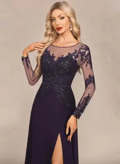 Sheath/Column Illusion Scoop Floor-Length Chiffon Tulle Evening Dress With Beading Overskirt Sequins 