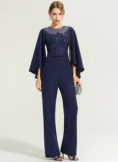 Jumpsuit / Pantsuit Scoop Illusjon Gulvlengde Blonder Strekk-crêpe Festkjole med paljetter Sløyfe (r) 