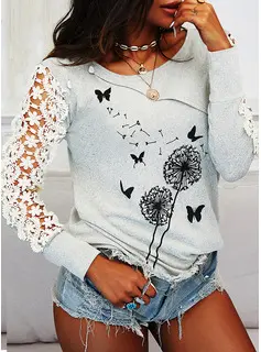 Blusas De Manga Larga Con Estampado De Cuello Redondo Casual Blusas De Manga Larga Con Estampado De Cuello Redondo Casual