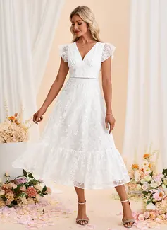 A-line V-Neck Tea-Length Tulle Wedding Dress With Embroidered 