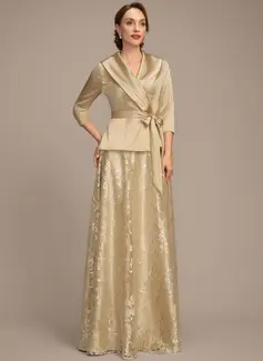 A-line Separates V-Neck Collared Floor-Length Stretch Satin Lace Mother of the Bride Dress With Bow Pleated 