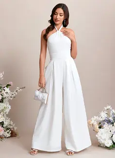 Jumpsuits Halter Floor-Length Satin Wedding Dress With Bow 