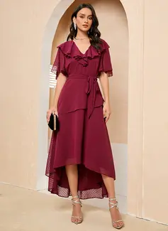 Brusende Volanger V-hals 1/2-ermer Elegant A-line kjole Chiffong Asymmetrisk Motekjoler 