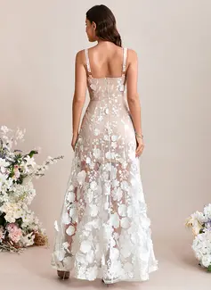 Flower Embroidered Square Sleeveless A-line Lace Maxi Dress 