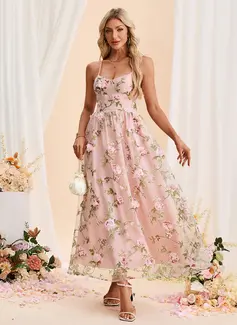 Embroidered Sweetheart Spaghetti Straps A-line Organza Maxi Dress 