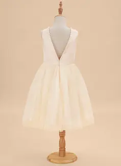 A-Linien-Kleid Rundhals Knielang Satin Tüll Blumenmädchenkleid mit Schärpe Perlen 