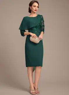 Sheath/Column Scoop Knee-Length Chiffon Lace Mother of the Bride Dress With Beading Cape 3D Floral 