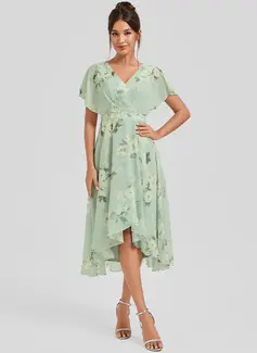 A-line V-Neck Asymmetrical Chiffon Bridesmaid Dress With Ruffle 