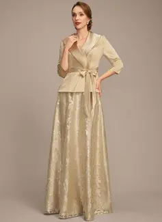 A-line Separates V-Neck Collared Floor-Length Stretch Satin Lace Mother of the Bride Dress With Bow Pleated 