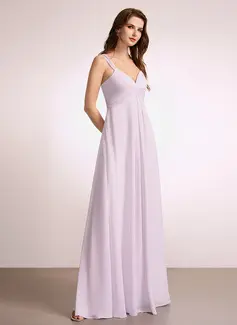 A-line V-Neck Floor-Length Chiffon Bridesmaid Dress With Ruffle 