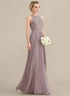 A-Linien-Kleid Rundhals Bodenlang Spitze Chiffon Ballkleid mit Plissee 