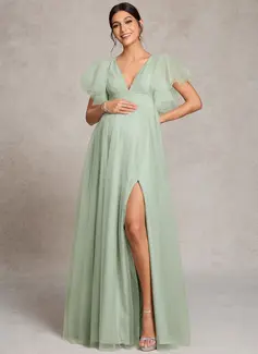 A-line V-Neck Floor-Length Tulle Maternity Dresses With Pleated 