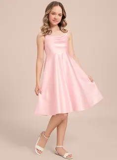 A-line Cowl Knee-Length Satin Junior Bridesmaid Dress With Bow 