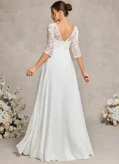 A-line Scoop Illusion Floor-Length Lace Chiffon Maternity Dresses With Bow 