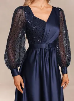 A-line V-Neck Floor-Length Tulle Sequin Satin Evening Dress 