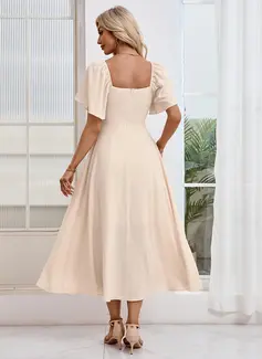 Square Short Sleeve A-line Crepe Lace Midi Dress 