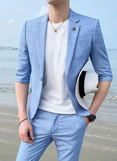 Solid Color 2 Piece Single Breasted Men's Casual Suit 
