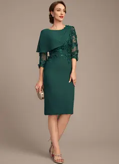 Sheath/Column Scoop Knee-Length Chiffon Lace Mother of the Bride Dress With Beading Cape 3D Floral 