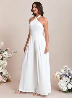 Jumpsuits Halter Floor-Length Satin Wedding Dress With Bow 