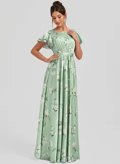 A-line Scoop Floor-Length Matte Satin Bridesmaid Dress With Ruffle 