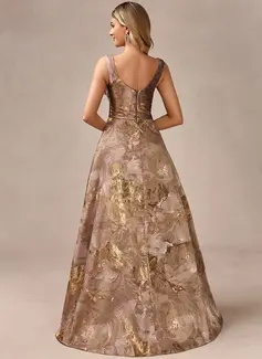 A-line Square Floor-Length Jacquard Evening Dress With 3D Floral 