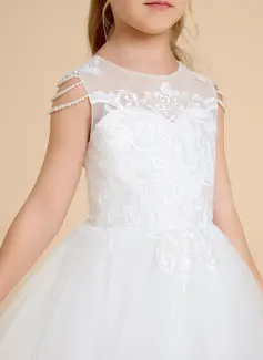 Prinzessin Rundhals Bodenlang Spitze Satin Tüll Blumenmädchenkleid mit Perlen 