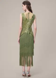 Scoop Multi-Layered Fringe Beaded Crystal-Encrusted 1920s Flapper Dress 