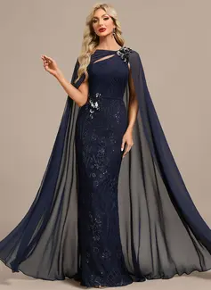 Sheath/Column Boat Neck Floor-Length Lace Chiffon Evening Dress With Cape Sequins Pleated 