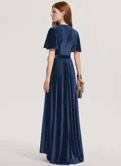 A-Linien-Kleid V-Ausschnitt Vokuhila Samt Brautjungfernkleid mit Schleife 