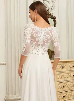 A-line kjole V-hals Asymmetrisk Blonder Chiffon Brudekjole 