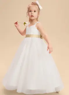 A-line kjole V-hals Gulvlengde Tyll Blonder Brudepikekjole barn med Sløyfe 