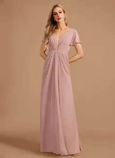 A-Line V-neck Floor-Length Chiffon Bridesmaid Dress With Ruffle 