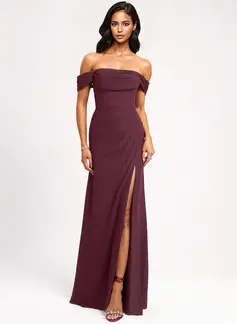 A-line kjole Skulderfri Gulvlengde Chiffon Brudepikekjole med Ruffle 