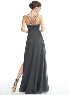 A-line V-Neck Floor-Length Chiffon Bridesmaid Dress With Ruffle Beading 