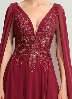 A-Linien-Kleid V-Ausschnitt Pinsel-Schleppe Spitze Chiffon Abendkleid mit Cape-Ärmel Pailletten 