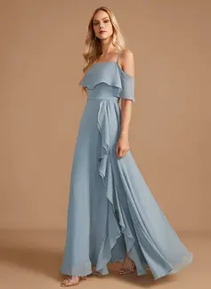 A-line kjole Skulderfri Gulvlengde Chiffon Brudepikekjole med Ruffle 