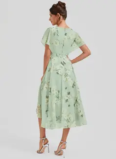 A-line V-Neck Asymmetrical Chiffon Bridesmaid Dress With Ruffle 