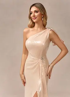 Sheath/Column One Shoulder Floor-Length Sequin Evening Dress With Crystal Brooch 