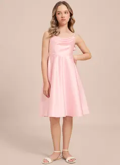 A-line Cowl Knee-Length Satin Junior Bridesmaid Dress With Bow 