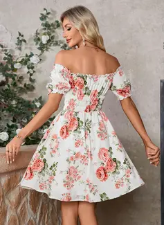 Floral Print Smocked Off the Shoulder A-line Printed Fabric Mini Dress 
