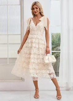 Bow Embroidered V-Neck Sleeveless A-line Tulle Midi Dress 