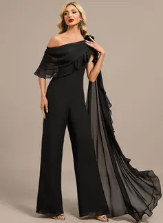 Jumpsuits Asymmetrical One Shoulder Floor-Length Chiffon Evening Dress With Cape 3D Floral Ruffle 