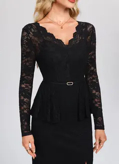 V-Neck Long Sleeve Sheath/Column Lace Midi Dress 