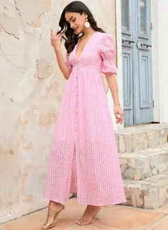 V-hals 1/2-ermer Avslappet A-line kjole Polyester Midi Motekjoler 