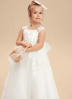 A-line kjole Scoop Gulvlengde Tyll Brudepikekjole barn med Cape paljetter 