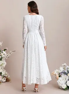 A-line V-Neck Ankle-Length Asymmetrical Lace Wedding Dress With Ruched 