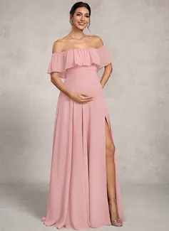 A-line Off the Shoulder Floor-Length Chiffon Maternity Dresses With Bow 