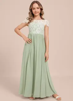 A-Linien-Kleid Rundhals Bodenlang Chiffon Spitze Kleider für junge Brautjungfern 