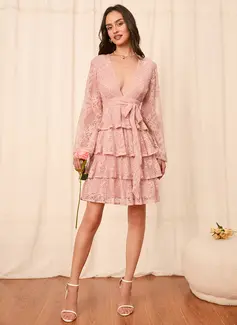 V-hals Lange ermer Elegant A-line kjole Blonder Mini Motekjoler 